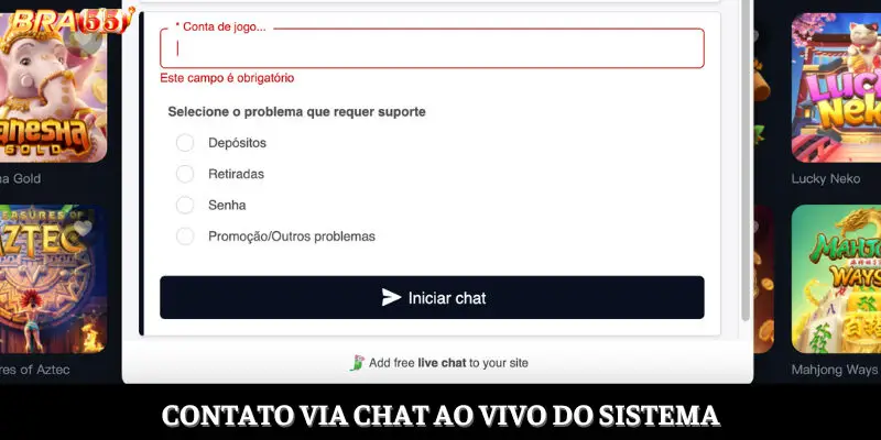 Contato via chat ao vivo do sistema