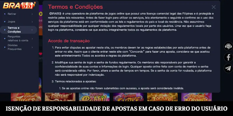 Isenção de responsabilidade de apostas quando Erro do Usuário